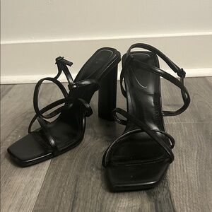 Zara Black Strappy Heels Square Toe Chunky Block Heel Sandals